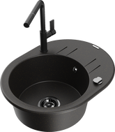 Mexen Kevin granite kitchen sink 1-bowl with drainer and Flora kitchen faucet, black/gold metallic - 6517-75-670401-70-B
