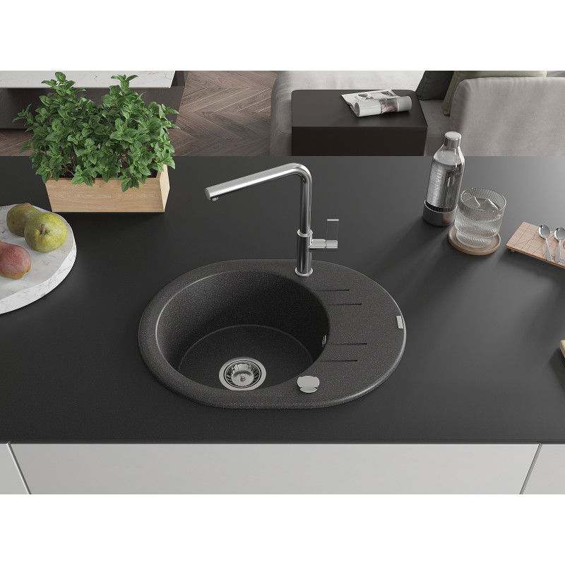 Mexen Kevin granite 1-bowl sink with drainer and Flora kitchen tap, black speckled - 6517-76-670401-00