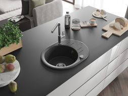 Mexen Kevin granite kitchen sink 1-bowl with drainer and Flora kitchen faucet, black speckled - 6517-76-670401-00