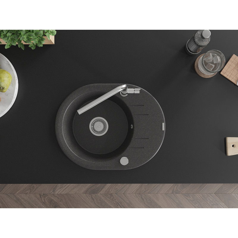 Mexen Kevin granite 1-bowl sink with drainer and Flora kitchen tap, black speckled - 6517-76-670401-00