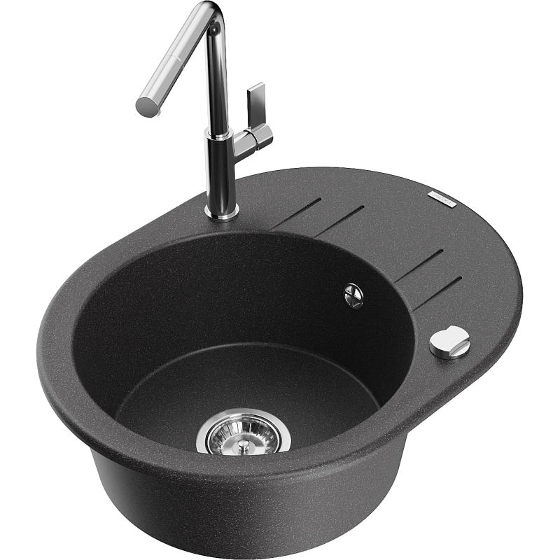 Mexen Kevin 1-compartment granite sink with a drip tray and kitchen mixer tap Flora, spotted black - 6517-76-670401-00