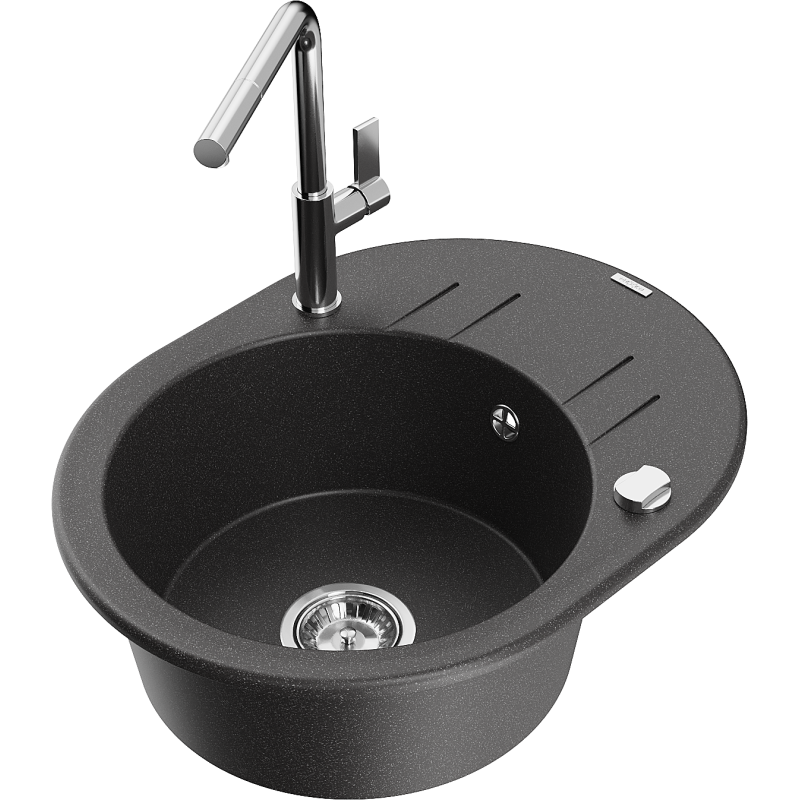 Mexen Kevin granite 1-bowl sink with drainer and Flora kitchen tap, black speckled - 6517-76-670401-00