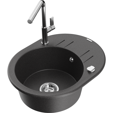 Mexen Kevin granite kitchen sink 1-bowl with drainer and Flora kitchen faucet, black speckled - 6517-76-670401-00