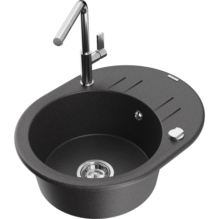 Mexen Kevin granite single-bowl sink with drainer and Flora kitchen faucet, black speckled - 6517-76-670401-00