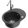 Mexen Kevin granite single-bowl sink with drainer and Flora kitchen faucet, black speckled - 6517-76-670401-00