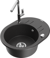 Mexen Kevin granite 1-bowl sink with drainer and Flora kitchen tap, black speckled - 6517-76-670401-00