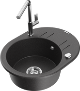 Mexen Kevin granite kitchen sink 1-bowl with drainer and Flora kitchen faucet, black speckled - 6517-76-670401-00