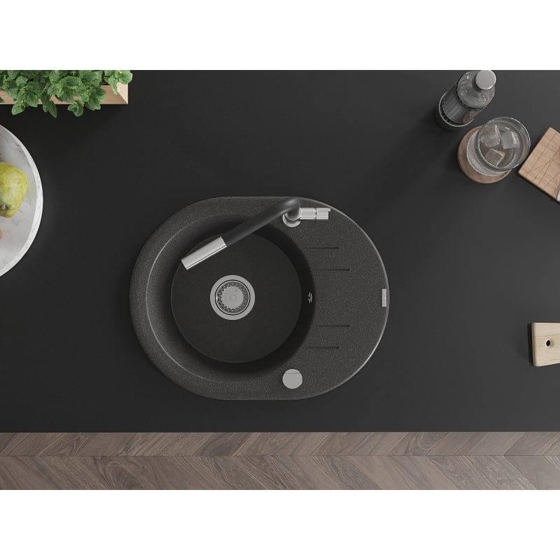 Mexen Kevin 1-bowl granite sink with drainer and Flora kitchen faucet, black speckled - 6517-76-670401-07