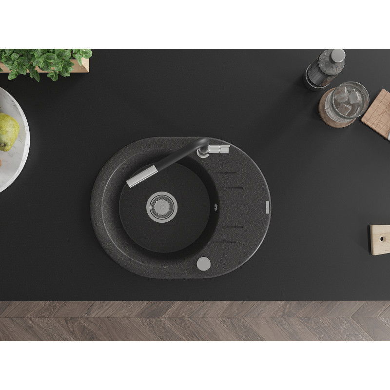 Mexen Kevin granite sink 1-bowl with drainer and Flora kitchen faucet, black speckled - 6517-76-670401-07