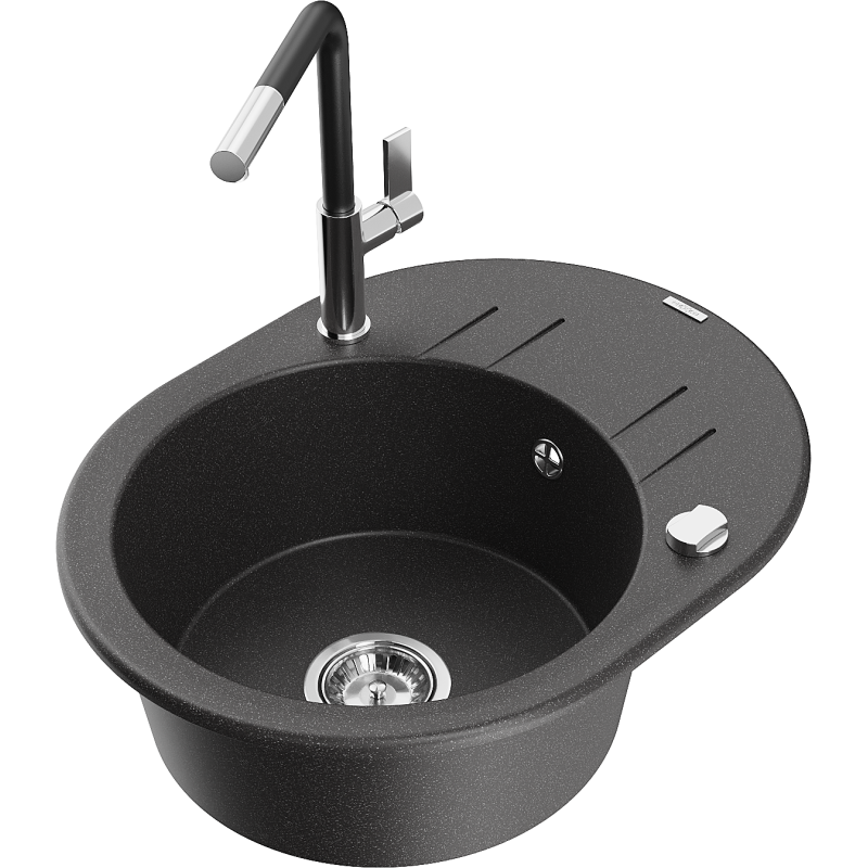 Mexen Kevin granite sink 1-bowl with drainer and Flora kitchen faucet, black speckled - 6517-76-670401-07