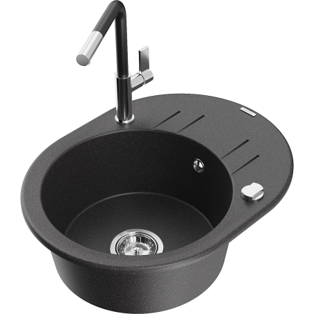 Mexen Kevin granite sink 1-bowl with drainer and Flora kitchen faucet, black speckled - 6517-76-670401-07