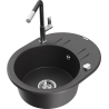 Mexen Kevin granite sink 1-bowl with drainer and Flora kitchen faucet, black speckled - 6517-76-670401-07