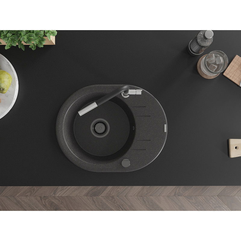 Mexen Kevin granite sink with 1 bowl, drainer, and Flora kitchen tap, speckled black - 6517-76-670401-07-B