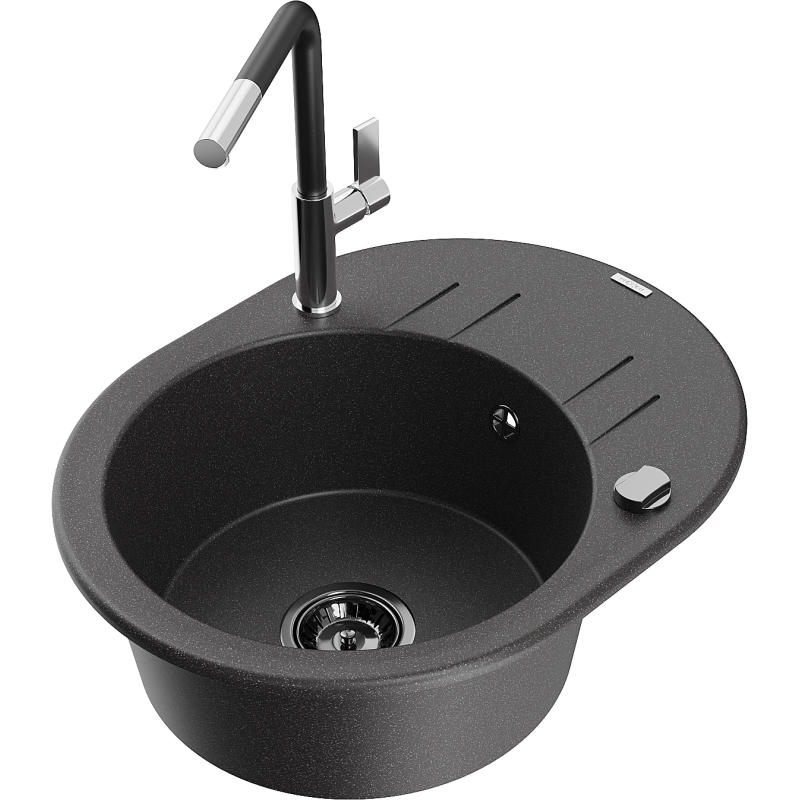Mexen Kevin 1-compartment granite sink with a drip tray and kitchen mixer tap Flora, spotted black - 6517-76-670401-07-B