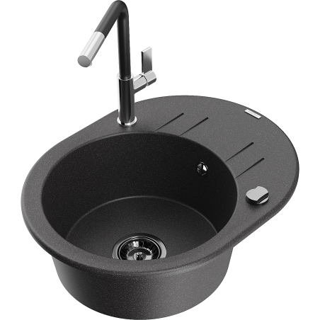 Mexen Kevin 1-bowl granite sink with drainer and Flora kitchen faucet, black speckled - 6517-76-670401-07-B