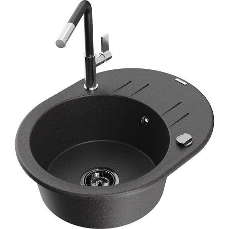 Mexen Kevin granite single-bowl sink with drainer and Flora kitchen faucet, speckled black - 6517-76-670401-07-B