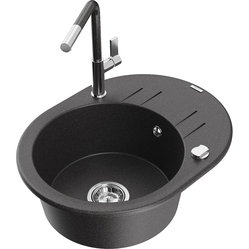 Mexen Kevin 1-bowl granite sink with drainer and Flora kitchen faucet, speckled black - 6517-76-670401-08