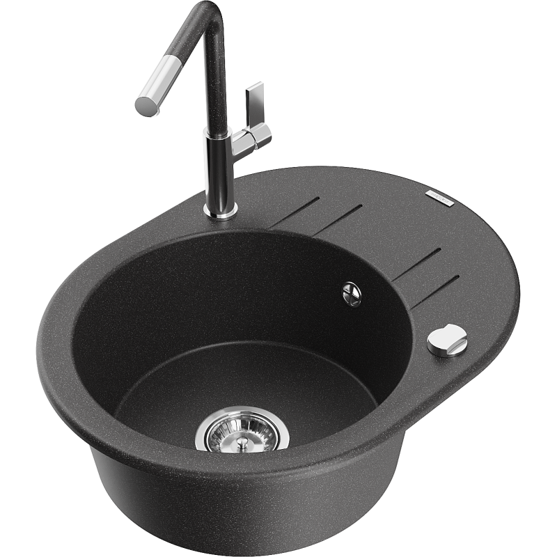 Mexen Kevin granite sink 1-bowl with drainer and Flora kitchen tap, speckled black - 6517-76-670401-08