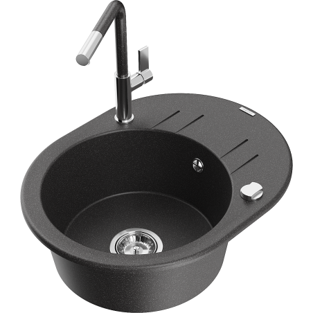 Mexen Kevin granite 1-bowl sink with drainboard and Flora kitchen faucet, black speckled - 6517-76-670401-08