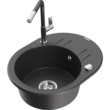 Mexen Kevin granite sink 1-bowl with drainer and Flora kitchen tap, speckled black - 6517-76-670401-08