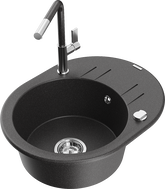 Mexen Kevin 1-bowl granite sink with drainer and Flora kitchen faucet, speckled black - 6517-76-670401-08