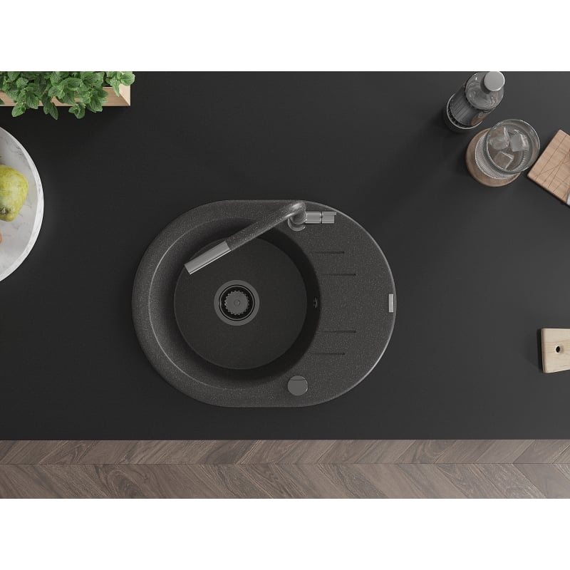 Mexen Kevin 1-bowl granite sink with drainer and Flora kitchen faucet, speckled black - 6517-76-670401-08-B