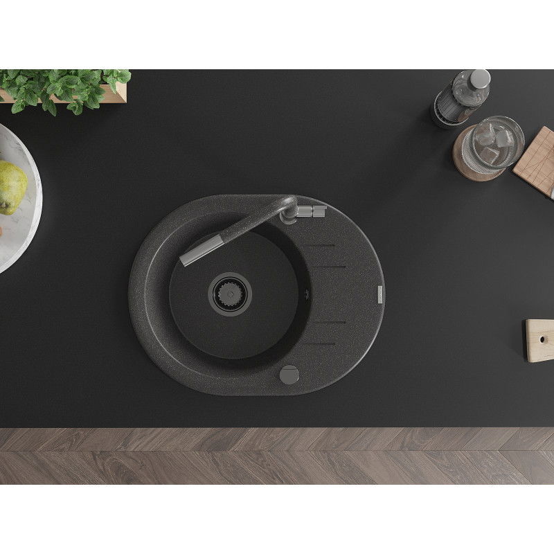 Mexen Kevin single-bowl granite sink with drainer and Flora kitchen tap, speckled black - 6517-76-670401-08-B