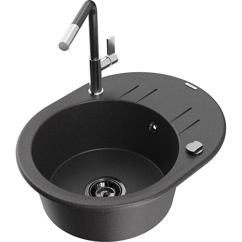 Mexen Kevin 1-bowl granite sink with drainer and Flora kitchen faucet, speckled black - 6517-76-670401-08-B