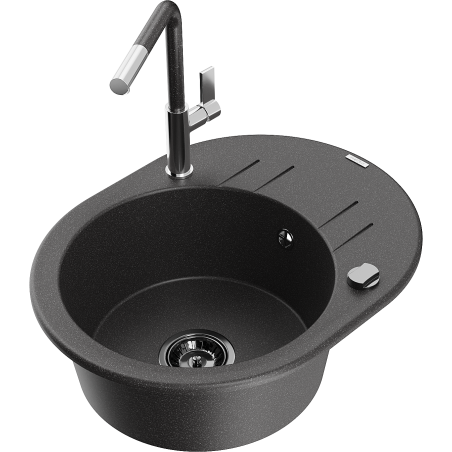Mexen Kevin 1-bowl granite sink with drainer and Flora kitchen faucet, speckled black - 6517-76-670401-08-B