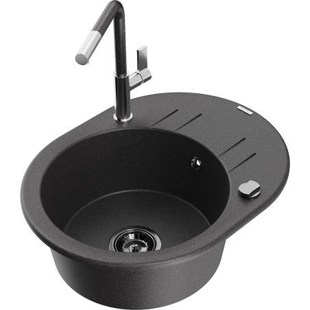 Mexen Kevin single-bowl granite sink with drainer and Flora kitchen tap, speckled black - 6517-76-670401-08-B