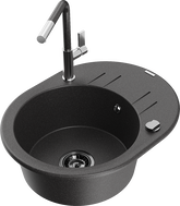 Mexen Kevin 1-bowl granite sink with drainer and Flora kitchen faucet, speckled black - 6517-76-670401-08-B