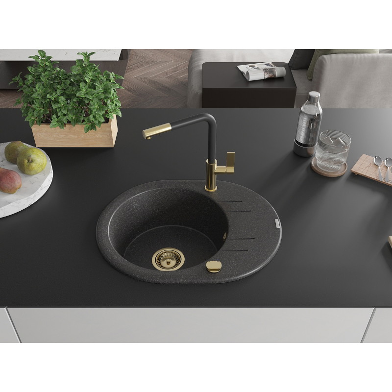 Mexen Kevin granite sink 1-bowl with drainer and Flora kitchen faucet, black speckled - 6517-76-670401-57-G