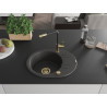 Mexen Kevin granite single-bowl sink with drainer and Flora kitchen faucet, speckled black - 6517-76-670401-57-G