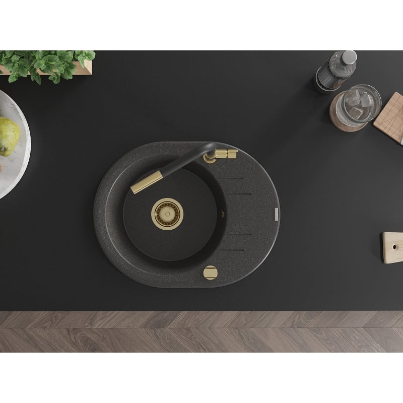 Mexen Kevin granite single-bowl sink with drainer and Flora kitchen faucet, speckled black - 6517-76-670401-57-G