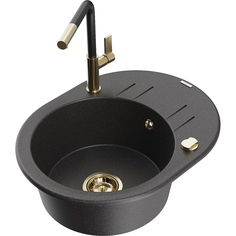 Mexen Kevin granite single-bowl sink with drainer and Flora kitchen faucet, speckled black - 6517-76-670401-57-G