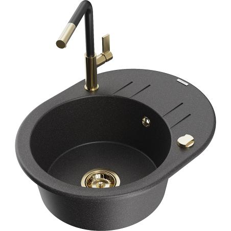 Mexen Kevin granite sink 1-bowl with drainer and Flora kitchen faucet, black speckled - 6517-76-670401-57-G