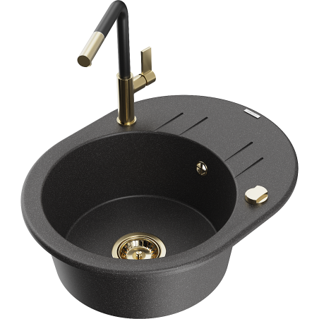 Mexen Kevin granite sink 1-bowl with drainer and Flora kitchen tap, black spotted - 6517-76-670401-57-G