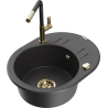 Mexen Kevin granite sink 1-bowl with drainer and Flora kitchen faucet, black speckled - 6517-76-670401-57-G