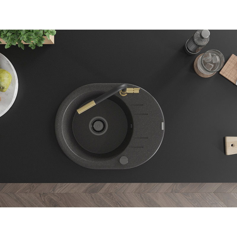 Mexen Kevin 1-bowl granite sink with drainer and Flora kitchen tap, speckled black - 6517-76-670401-57-B
