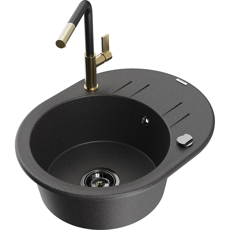 Mexen Kevin granite kitchen sink 1-bowl with drainer and Flora kitchen faucet, black speckled - 6517-76-670401-57-B
