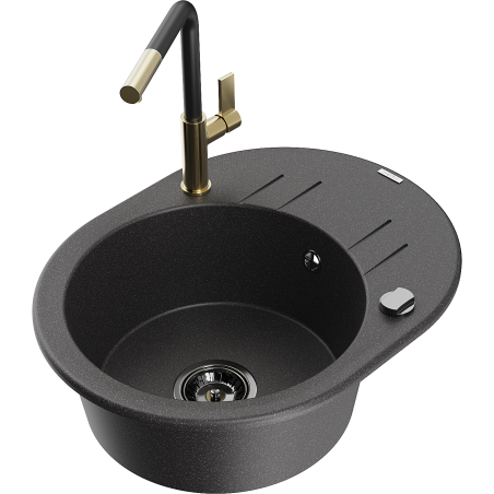 Mexen Kevin granite kitchen sink 1-bowl with drainer and Flora kitchen faucet, black speckled - 6517-76-670401-57-B