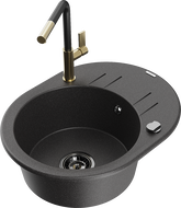Mexen Kevin 1-bowl granite sink with drainer and Flora kitchen tap, speckled black - 6517-76-670401-57-B
