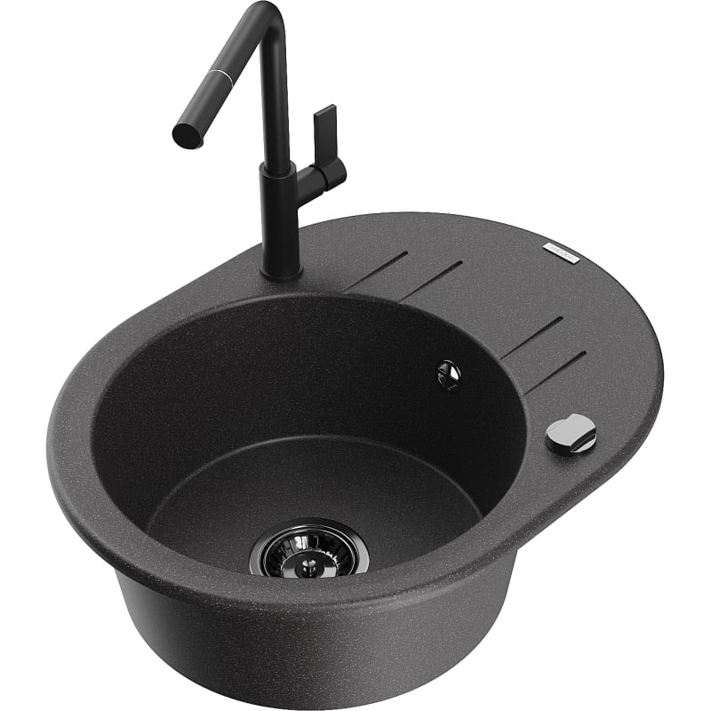 Mexen Kevin granite single-bowl sink with drainer and Flora kitchen faucet, speckled black - 6517-76-670401-70-B