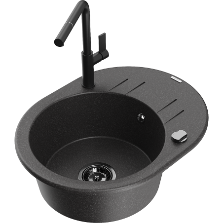 Mexen Kevin 1-bowl granite sink with drainer and Flora kitchen tap, black speckled - 6517-76-670401-70-B