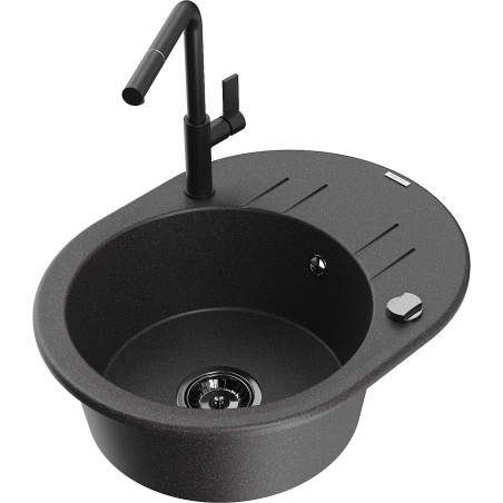 Mexen Kevin granite single-bowl sink with drainer and Flora kitchen faucet, speckled black - 6517-76-670401-70-B