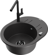 Mexen Kevin granite kitchen sink with 1 bowl, drainer, and Flora kitchen faucet, black speckled - 6517-76-670401-70-B
