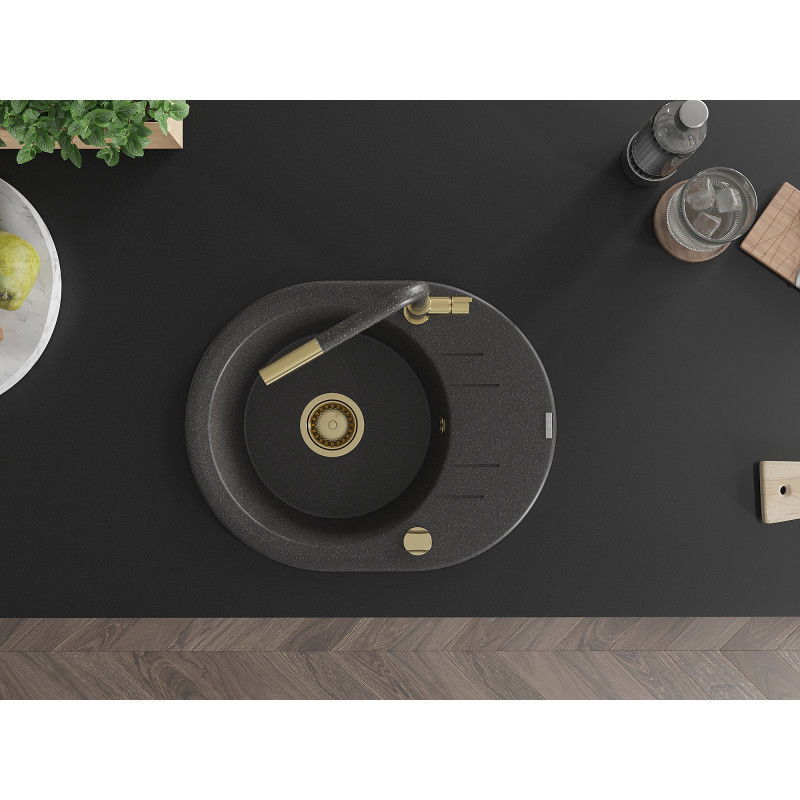 Mexen Kevin 1-bowl granite sink with drainer and Flora kitchen tap, speckled black - 6517-76-670401-75-G