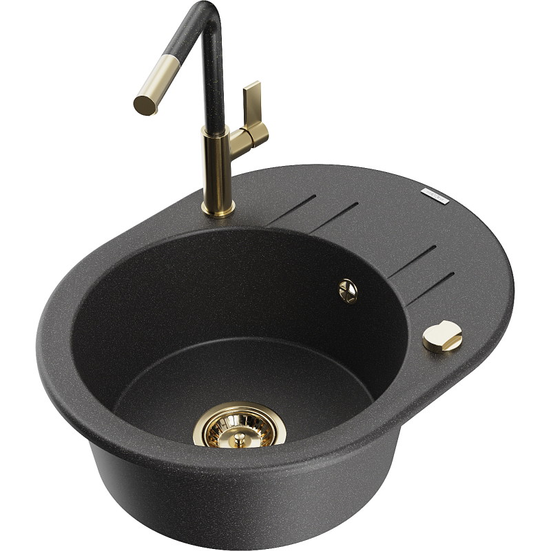 Mexen Kevin granite kitchen sink 1-bowl with drainer and Flora kitchen faucet, black speckled - 6517-76-670401-75-G