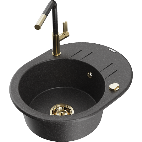 Mexen Kevin 1-bowl granite sink with drainer and Flora kitchen tap, speckled black - 6517-76-670401-75-G