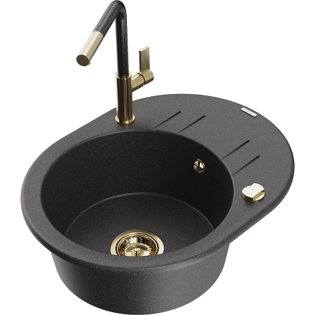 Mexen Kevin granite sink with 1 bowl, drainer, and Flora kitchen faucet, black speckled - 6517-76-670401-75-G